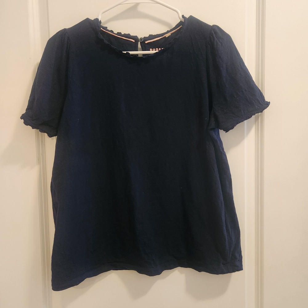 Boden Navy Scallop Ruffle Neck Cotton Slub Tee Top T1830 Navy Blue US 10